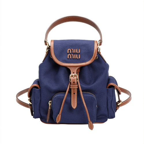 MIUMIU 미우미우 5BZ043 캔버스 및 가죽 백팩 스몰 콘플라워 블루
