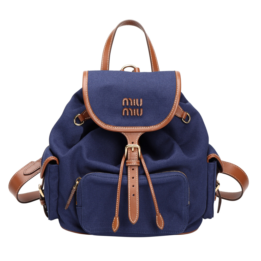 MIUMIU 미우미우 5BZ042 캔버스 및 가죽 백팩 콘플라워 블루